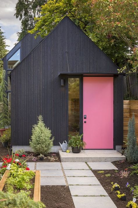 Dwell - A Detached Garage Becomes a Winning “Granny Pad” Granny Pad, Black Garage, Backyard Garage, House Renovation Projects, Granny Pod, Backyard Cottage, Accessory Dwelling Unit, Cedar Siding, Pink Door