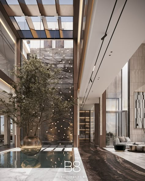 Villa Bvlgari / Interior Design - B8 Architecture and Design Studio Residential Lobby Design, Luxury Resort Interior, Double Height Entrance, Modern Foyer Design, B8 Architecture, Double Height Lobby, Neoclassical Interior Design, Zen Nature, Resort Interior Design