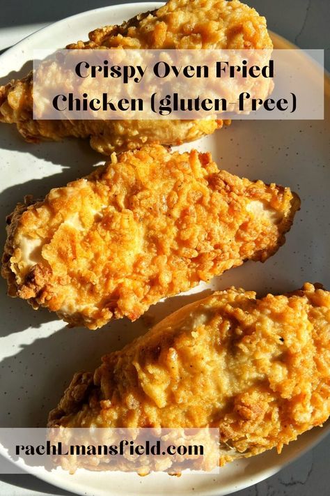 A great gluten-free and dairy-free Oven Fried crispy Chicken Gluten Dairy And Nut Free Recipes, Crispy Chicken Gluten Free, Gluten Free Oven Fried Chicken, Gluten Free Breaded Chicken, Baked Fried Chicken Breast, Rachlmansfield Recipes, Gluten Free Baked Chicken, Oven Baked Fried Chicken, Gluten Free Dairy Free Recipes Dinner