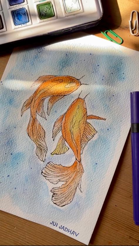 Fine Line Watercolour, Fineliner And Watercolour, Watercolour Cakes, Watercolour Reference, Watercolour Fish, Natural Forms Gcse, Fineliner Art, Basic Watercolor, Watercolor Cake