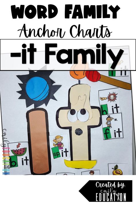 Adorable short i vowel practice with this interactive anchor chart when teaching the word family -it. Students turn the i into an i that gets hit, and a t that is lit! You then put together word cards and add them to the chart. Also comes with cards for students to add their own drawings. They then get to make their own it family craft in student size with a writing practice activity with multiple options for writing the -it words (trace, blank, just write the first letter). Family Anchor Chart, It Word Family, Anchor Charts Kindergarten, Interactive Anchor Charts, Vowel Practice, Kindergarten Word Families, Teaching 1st Grade, Kindergarten Anchor Charts, Student Crafts