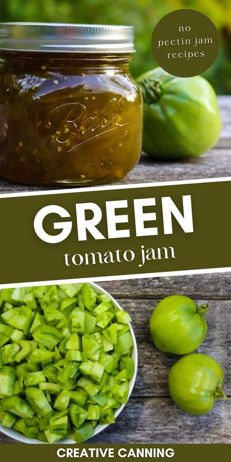 chopped up green tomatoes and a jar of homemade green tomato jam for canning Tomato Recipes For Canning, Tomato Uses, Green Tomato Jam Recipe, Green Tomato Jam, Canning Fruit Recipes, Canning Green Tomatoes, Recipes For Canning, Green Tomato Relish, Canning Tomatoes Recipes