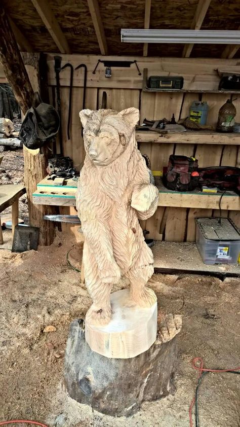 Chad Danczyk via facebook Chainsaw Bear, Chainsaw Carving Patterns, Wood Log Crafts, Chainsaw Wood Carving, Wood Carving Art Sculpture, Chainsaw Carvings, Wood Carving Faces, Simple Wood Carving, Wood Carving For Beginners