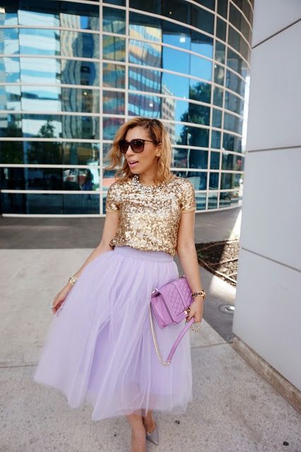 @roressclothes closet ideas #women fashion outfit #clothing style apparel purple skirt, glossy blouse Purple Skirt Outfit, Purple Tulle Skirt, Outfit Engagement, Tulle Skirts Outfit, Gonna In Tulle, Purple Tulle, Gold Tulle, Louboutin Pigalle, Tulle Skirts