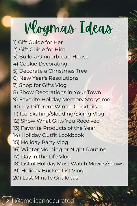 Here are 20 video ideas to help inspire you for Vlogmas! Happy Vlogmas filming! Vlogmas Ideas, Youtube Channel Name Ideas, Youtube Hacks, Start Youtube Channel, Social Media Content Planner, Christmas Playlist, Video Caption, Vision Board Photos, Social Media Content Calendar