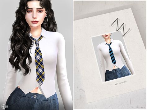 Sims 4 Cc White Shirt, Sims 4 White Shirt, Accessory Shirt Sims 4 Cc, Sims 4 Shirt Accessory, Blouse Sims 4 Cc, Sims 4 Cc Long Sleeve Shirt Accessory, Sims School, White Shirt With Tie, The Sims 4 Custom Content