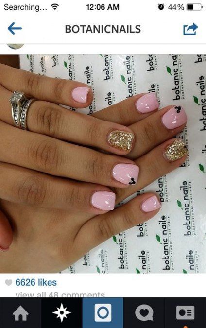 Rundisney Nails, Disney Nails French Tip, Selena Nails, Disney Manicure, Pink Gold Nails, Disneyland Nails, Botanic Nails, Mouse Nails, Bridal Manicure