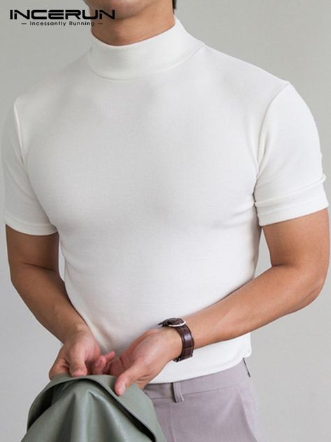 INCERUN Men T Shirt Solid Color Turtleneck Short Sleeve Streetwear Fitness Casual Men Clothing 2022 Leisure Thin Camisetas S-5XL Turtleneck T Shirt, Summer Basics, Summer Workout, Tee Shirt Homme, Basic Tops, Outfit Casual, High Collar, Casual Outfit, Casual T Shirts