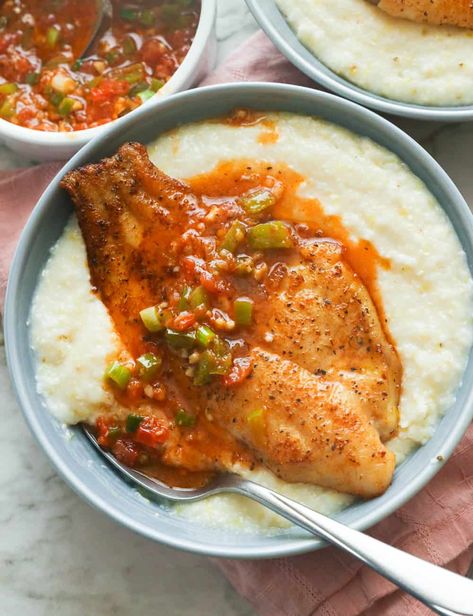 Fish and Grits (Plus Video) Catfish And Grits Soul Food, Cajun Grits, Fish Seasoning Recipe, Fish And Grits, Grits And Eggs, Fried Catfish Recipes, Fish Seasoning, Fish Dinners, Pescatarian Diet