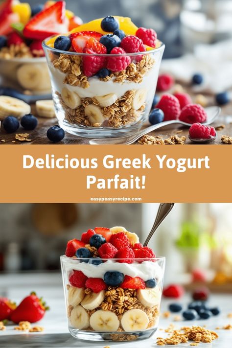 Glass cups layered with Greek yogurt, granola, and fruits like banana slices, strawberries, raspberries, and blueberries. Recipe With Granola, Greek Yogurt Parfait Recipes, Greek Yogurt Granola, Quick Nutritious Meals, Yogurt Parfait Recipe, Food Planning, Yogurt Granola, Greek Yogurt Parfait, Parfait Recipe