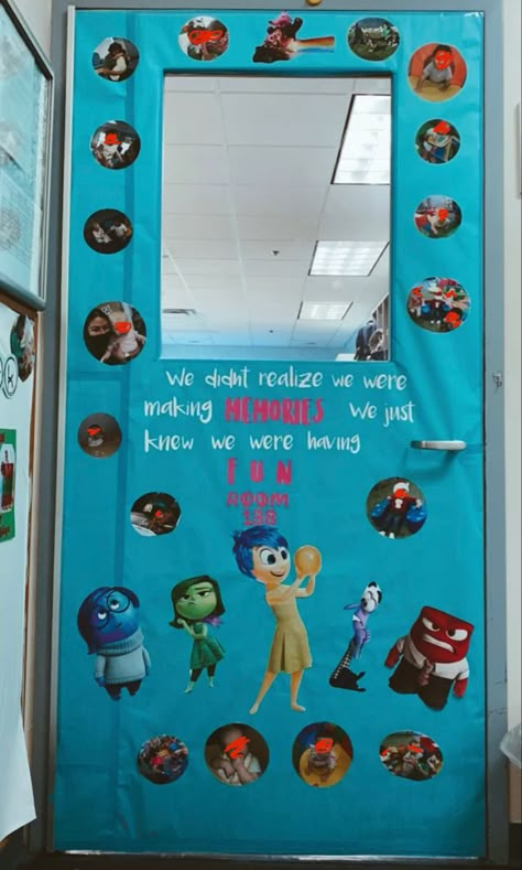 Classroom Door Inspo School Door Inside Out Daycare Door, Incredibles Door Decorations Classroom, Inside Out Classroom Door Decorations, Classroom Door Ideas Inside Out, Inside Out Door Theme, Inside Out Bulletin Board Ideas, Inside Out Classroom Door, Inside Out Theme Classroom, Disney Door Decorations Classroom