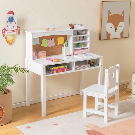 Costzon Kids Desk and Chair Set, Student Study Table with Chair, Hutch, Cork Bulletin Board, Storage Shelves, Wooden Writing Computer Workstation for Study, Bedroom, School (White) Kids Wooden Desk, Drawing Eating, Playing Drawing, Wooden Study Desk, Kids Wooden Table, Kids Table Chair Set, Study Table And Chair, Kids Study Table, Childrens Desk