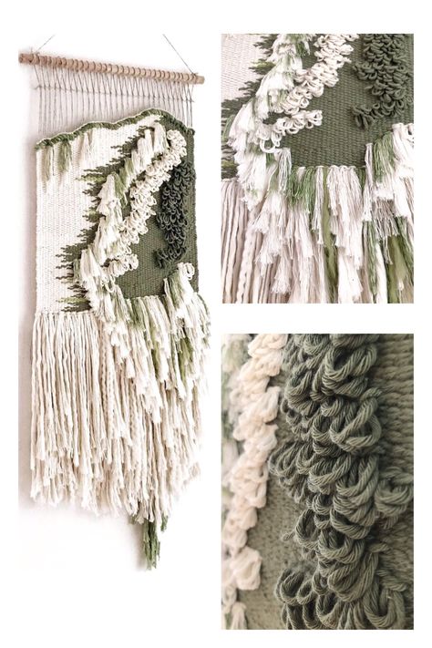 Boho Fiber Art, Green Tapestry, Simpul Makrame, Weaving Loom Projects, Weaving Wall Hanging, Wool Tapestry, Wall Hanging Boho, Woven Wall Art, Diy Weaving