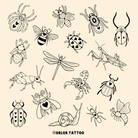 bug flash 🐜🕷️🐞🪲 I’ve decided to do two separate bug flash sheets as I had too many ideas and then you lovely lot gave me loads more ideas when I asked on my stories 😅 so keep your eyes pealed for the second sheet soon to come too! all available for handpoke, in black or colour. swipe along for colour samples! message or use my booking form to enquire. I always do deals when you book more than one design in a session. weekends and evenings available too :) @harmlesstattoo Braintree, Essex ... Small Doodle Tattoo Ideas, Cute Bug Tattoos For Women, Ladybug With Hearts Tattoo, Bug Flash Tattoo, Fall Tattoo Flash, Cute Bug Tattoo, Tattoo Flash Sheet Ideas, Bug Tattoos For Women, Bug Doodles