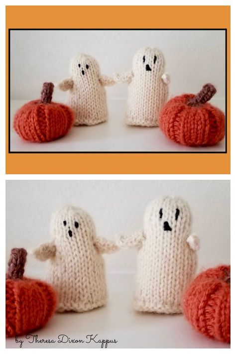 Wee Ghosties Free Knitting Pattern Halloween Knitting Patterns Free, Knitted Pumpkins, Halloween Knitting Patterns, Halloween Knitting, Knitted Christmas Decorations, Fall Knitting Patterns, Bunny Crochet Pattern, Pet Sweaters, Holiday Knits