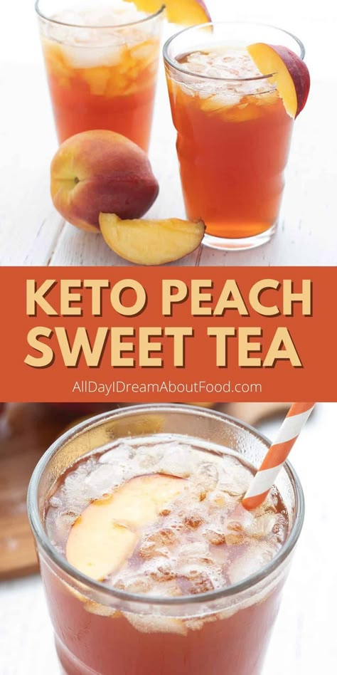 This keto sweet tea is flavored with fresh peaches for an insanely refreshing cold beverage. It's so easy to make, so delicious, and has no added sugar. Keto Cold Recipes, Keto Sweet Tea, Keto Ice Tea Recipes, Keto Iced Tea Recipes, Keto Ice Tea, Keto Iced Tea, Keto Beverages List, Jug Juice Party Ideas, Sugar Free Tea Recipes