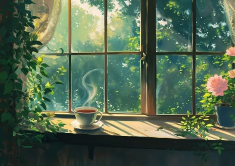 A quiet morning with coffee and nature’s view. . . . . . . . #AnimeArt #MorningCoffee #WindowView #CozyMoments #NatureLovers #ai #midjourney #aicommunity #aiartworks #trending #trendingnow #illustration #cozy #cozyvibes #nature #cozydecor #cottagestyle #conceptartist #stressrelief #stressfree #storytelling #stablediffusion #midjourneygallery #artoftheday #lofi #conceptart #studioghibli #animelover #studioghibli #loneliness Cozy Anime Wallpaper Desktop, Desktop Wallpaper Illustration, Morning View Aesthetic, Coffee And Nature, Tea Magick, Cozy Wallpaper, Dual Monitor Wallpaper, Morning With Coffee, Notion Library