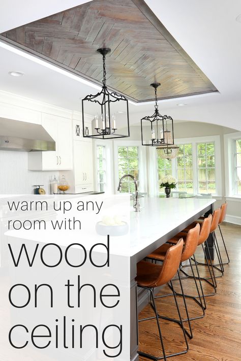 Wood ceiling details Wood Ceilings In Kitchen, Kitchen Island Ceiling Ideas, Ceiling Above Kitchen Island, Ceiling Over Kitchen Island, Kitchen With Wood Ceiling, Wood Ceiling Kitchen, Tray Ceiling Kitchen, 1900 Kitchen, Kitchen Ceiling Ideas