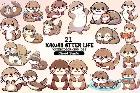 Free download with code: DIGI1S https://digi1s.com/downloads/kawaii-otter-life-clipart-bundle/ Kawaii Otter, Otter Illustration, Otter Art, River Otter, Birthday Clipart, Beauty Art Drawings, Cats Illustration, Black Halloween, Flower Clipart