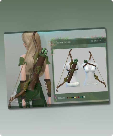 Sims 4 DSF NEEM ELVEN BOW Elvish accessory to be combined with the Neem costume. Location: necklace Cloning object: base of the game. Samples: 23 Incompatible with the texture of hats (recommended not to use with in-game hats). Filesize: 3 MB Recoloring Allowed: No Polycount LOD 0 (highest): 3424 Polycount LOD 1: 2937 Polycount LODContinue reading "DSF Neem Elven BOW By Dansimsfantasy" #gaming #necklace #sims4cc #sims #accessories #sims4 Sims 4 Archery Cc, Sims 4 Bow And Arrow Cc, Sims 4 Cc Elves, Lord Of The Rings Sims 4 Cc, Sims 4 Cc Elf Clothes, Sims 4 Elven Cc, Sims 4 Bow Cc, Sims 4 Elf Cc, Elven Bow