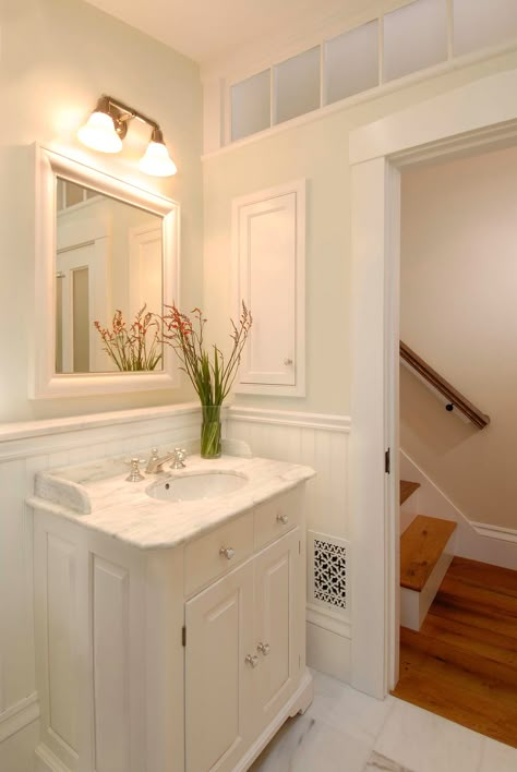 11 Ways to Work With a Windowless Room Ensuite Renovation, Internal Window, Windowless Bathroom, Greek Revival Home, Transom Window, Interior Windows, Transom Windows, White Vanity Bathroom, Bathroom Windows