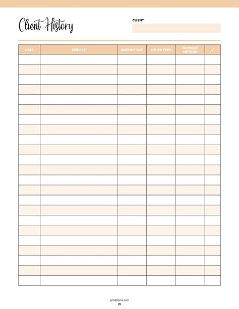 Client payment history tracker with columns for date, service, amount due, other fees, payment method, and a checkbox for payment confirmation. Small Business Tracking Forms, Payment Schedule Template, Client List Template, Raffle Ideas For Small Business, Payment Tracker Printables Free, Spreadsheet Template Business, Client Record Card, Business Spreadsheets, Small Business Printables