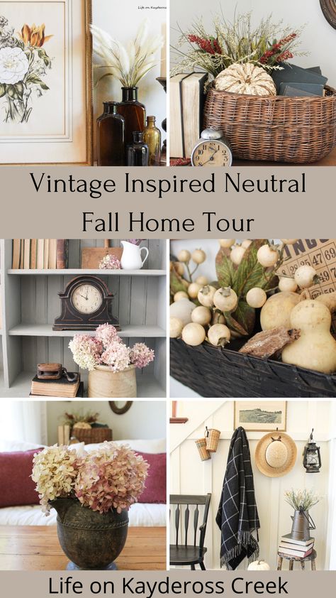 I'm sharing simple ideas for fall decorating with thrifted & vintage pieces in this early Fall home tour.  Hi friends! I really wanted to keep the fall decor simple this year and I will try to do the same for Christmas but I make no promises with that. :) I focused on using my everyday vintage pieces in black, brown and white and added in earthy warm tones such as gold, burnt orange and plum. I always recommend having an inspiration point for decorating. My entire plan for decorating fo Brown And White Fall Decor, Adding Fall Touches, Black White Fall Decor, Simple Natural Fall Decor, Thrifted Fall Decor, New Fall Decorating Ideas 2023, Fall Decor Ideas For The Home Farmhouse, Simple Fall Decor Ideas For The Home, Brown Fall Decor