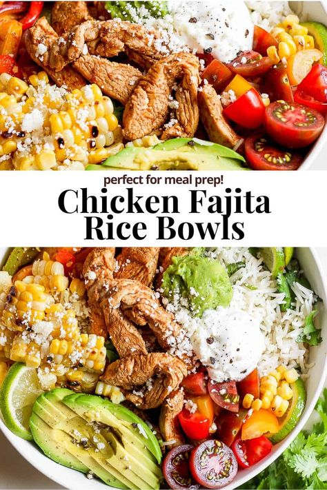 Chicken Fajita Bowl - a delicious, flavorful homemade chicken fajita bowl that is perfect for meal prep and kid-friendly! #chickenfajitabowl #chickenfajitabowlrecipe #chickenfajitabowlhealthy #chickenfajitabowlmealprep #chickenfajitabowlwithrice Chicken Fajita Salad Bowl, Baja Bowl With Chicken, Energy Bowls Recipes, Fajita Bowls Chicken, High Protein Fajita Bowl, Chicken Fajita Bowls Healthy, Chicken Fajita Meal Prep Bowls, Mexican Meal Prep Healthy, Healthy Protein Bowl Recipes