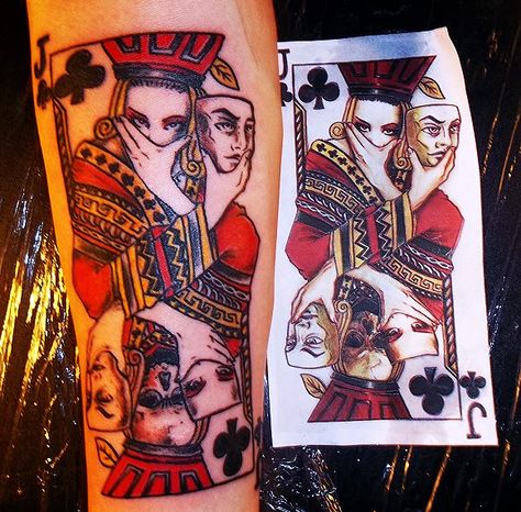 "Done by Grant Alvarez in Gainesville Florida.   I have an affinity for playing cards. And faces. I figured, hey, why not put them together. This piece came out absolutely perfect."  is pretty cool! Joker Card Tattoo, Card Tattoos, Playing Card Tattoos, Cards Tattoo, Jack Tattoo, Joker Tattoo, Gainesville Florida, Joker Card, Gambling Tattoo