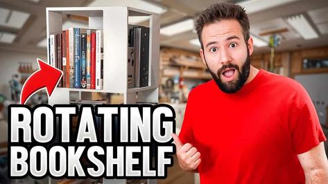 DIY Rotating Bookshelf Project Revolving Bookcase Diy, Diy Rotating Bookshelf, Lazy Susan Hardware, Rotating Shelf, Bunk Room Ideas, Rotating Bookshelf, Book Tower, Revolving Bookcase, Bookshelf Plans