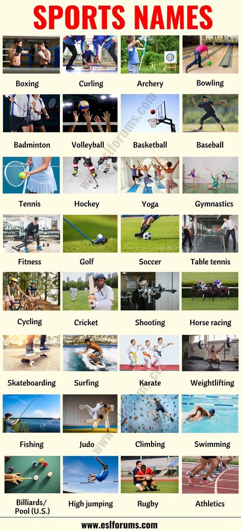 List of Sports: 35+ Useful Names of Sports and Games in English Sports List, Games In English, Sport English, List Of Sports, Tatabahasa Inggeris, Expand Your Vocabulary, Learning English For Kids, English Games, English Vocab