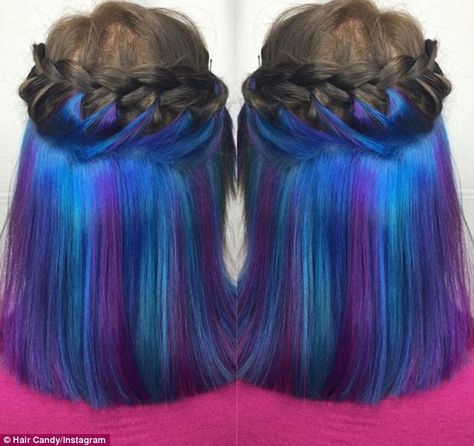 Women show off their hidden 'secret rainbow' hair colour on social media Hidden Rainbow Hair, Oil Slick Hair, Hidden Hair Color, Underlights Hair, Galaxy Hair, Peekaboo Hair, Rainbow Hair Color, Dye Ideas, Peinados Fáciles Para Cabello Corto