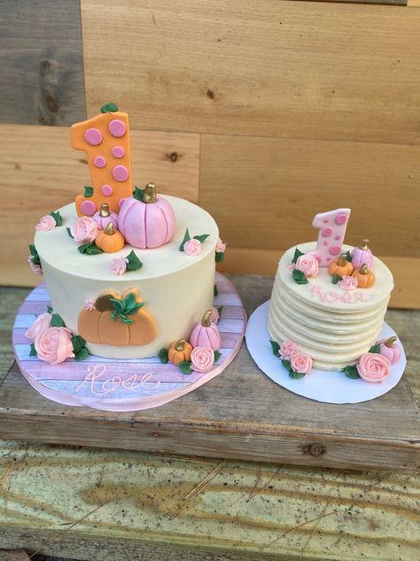 Pink Pumpkin 1st Birthday Cake, 1st Birthday In October Party Ideas, Pumpkin Themed First Birthday Food, Pink Pumpkin First Birthday Cake, Fall Birthday Party Ideas For One Year Old, Our Pumpkin Is Turning One Cake, Fall 1st Birthday Cake, Fall Theme Smash Cake, First Birthday Pumpkin Cake