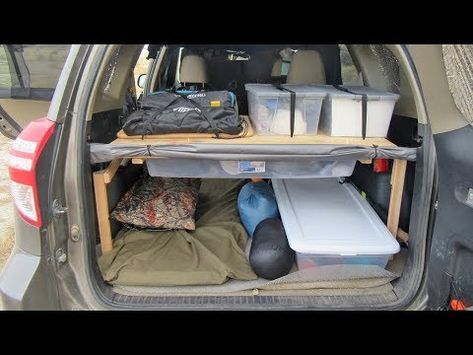 Making a Cargo Storage Shelf in the Back of an SUV or Van (Vandwelling Tips) - YouTube Car Camping Setup, Minivan Conversion, Suv Storage, Vehicle Camping, Camping Setup, Sleeping In Your Car, Cargo Organizer, Truck Bed Storage, Auto Camping