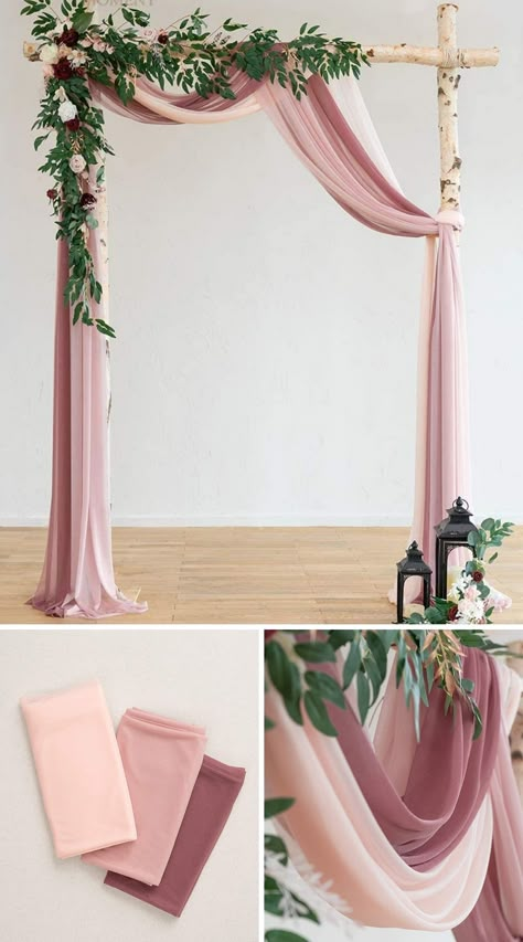 Fabric For Backdrop, Fabric Wedding Decorations, Fabric Draped Wedding Arch, Rose Pink Decorations Party, Mauve Wedding Backdrop, Mauve Wedding Arch, Wedding Arch Fabric Draping Diy, How To Drape Fabric For Wedding Arch, Backdrop Drapery Ideas