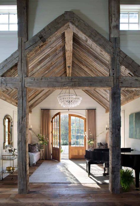 Take a peek inside this gorgeous entertainment barn in Tennessee Modern French, Open Living Room, Barn Style House, Farmhouse Interior, Pole Barn Homes, Barn House Plans, Style At Home, Wood Beams, The Ceiling