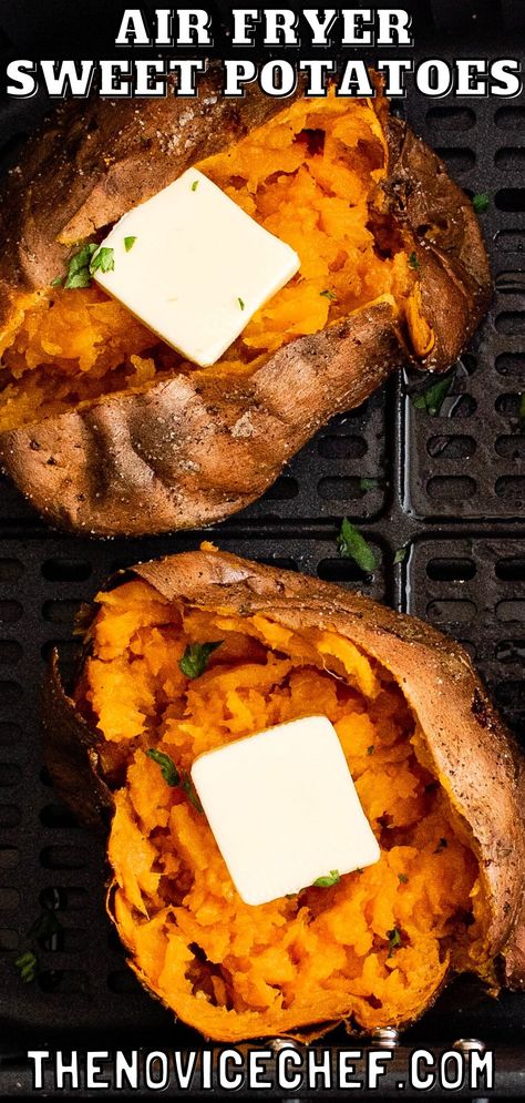 Save room in the oven and make perfect sweet potatoes in the air fryer! Air Fryer Sweet Potatoes are healthy, tasty, and easy to make. Sweet Potatoes Baked, Air Fryer Sweet Potatoes, Perfect Baked Sweet Potato, Potatoes In The Air Fryer, Fry Food, Novice Chef, Potatoes Baked, Baked Sweet Potatoes, Comfort Casseroles