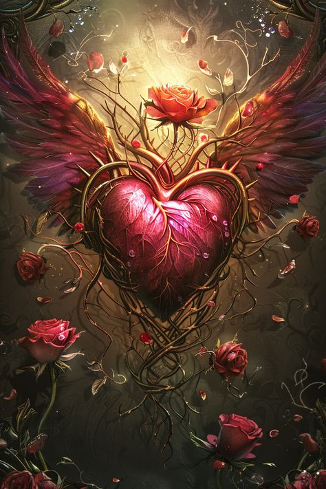 Fantasy Sacred Heart with Wings Surrounded by Thorns and Roses Sacred Heart With Wings, Heart With Thorns, Inspirational Digital Art, Crown Art, Heart With Wings, Colorful Roses, Heart Painting, Beautiful Drawings, Fantasy Illustration