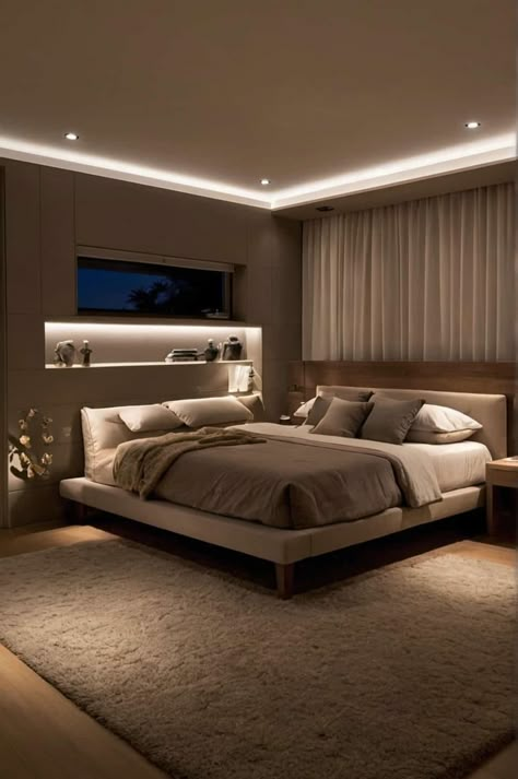 bedroom light ideas with ambient lighting beside the bed Beige Theme Bedroom, Large Attic Bedroom, Cozy Bedroom Lighting Ideas, Dreamy Aesthetic Room, Windowless Bedroom Ideas, Open Concept Bedroom, Bedroom Ceiling Lighting Ideas, Bedroom Light Ideas, Nude Bedroom