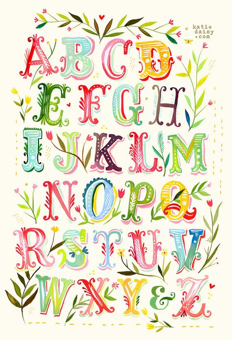 ABC Katie Daisy, Watercolor Typography, Daisy Art, Alfabet Letters, Creative Lettering, Alphabet Art, Lettering Styles, Acrylic Artwork, Alphabet Poster