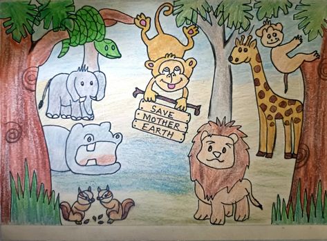 Wildlife Conservation Drawing, Save Wildlife Poster Painting, Save Wildlife Poster Ideas, Drawing Competition Topics, Save Animals Poster, Posture Drawing, Basic Drawings, Outline Pictures, Nature Embroidery