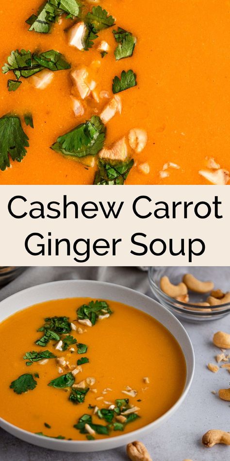 This thick & creamy cashew carrot ginger soup is an easy-to-make instant pot soup recipe. Made with cashews, carrots, ginger, coconut milk and Thai red curry paste for a bit of spice. Plus it’s both vegan and gluten-free! Cashew Soup, Instant Pot Soup Recipe, Soup Carrot, Curry Soup Recipes, Thai Red Curry Paste, Cashew Recipes, Carrot Ginger Soup, Winter Meals, Ginger Soup