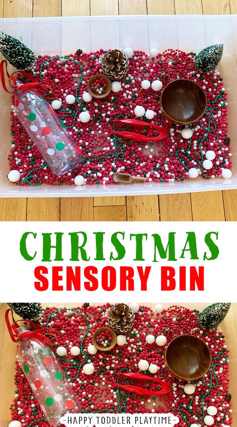 Christmas Preschool Sensory Bin, Christmas Sensory Bin For Toddlers, Kids Christmas Sensory Bin, Diy Christmas Sensory Bin, Christmas Sensory Bins Preschool, Christmas Sensory Bin Kindergarten, Toddlers Christmas Crafts, Sensory Bin Christmas, Holiday Sensory Bin Preschool