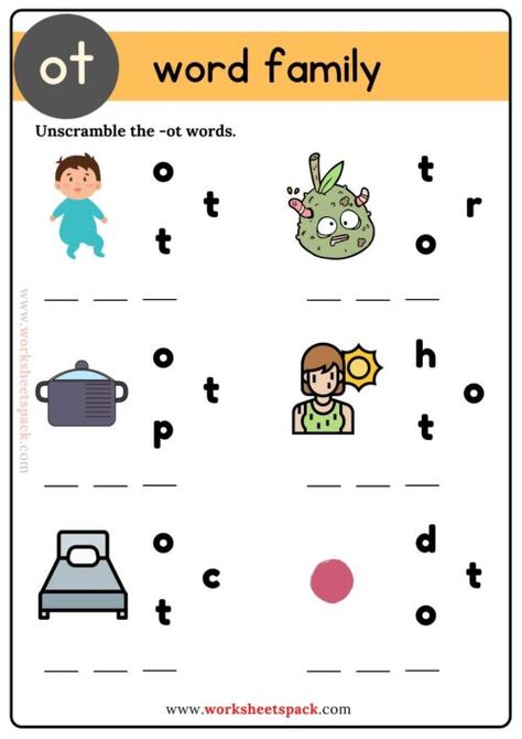 Ot Word Family Unscramble the Words Worksheet. Printable -ot word family handouts for kids. Cvc Reading, Reading Preschool, Word Puzzles For Kids, Two Letter Words, Phonics Reading Passages, Nursery Worksheets, Phonics Cvc, Words Worksheet, Word Family Activities