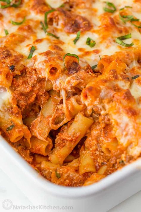 Baked Ziti is an easy, saucy, and cheesy pasta casserole. This has all of the great flavors of Lasagna but is simple to prepare and serve as a pasta bake. #bakedziti #bakedzitirecipe #pastabake #pastacasserole #pasta #dinner #natashaskitchen Oven Baked Pasta Recipes Simple, Pasta Lasagna Bake, Lasagna Pasta Bake, Easy Pasta Casserole, Farmhouse Cooking, Baked Ziti With Ricotta, Baked Penne Pasta, Easy Baked Ziti, Ziti Recipe