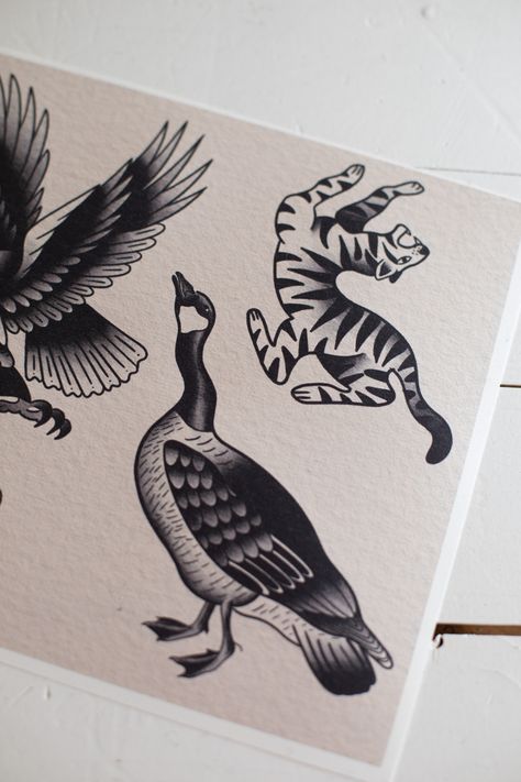 Traditional Animal Tattoo Flash, American Traditional Goose Tattoo, Goose Tattoo Traditional, Trad Bird Tattoo, Old School Tattoo Tiger, American Traditional Bird Tattoo, Bird Tattoo Traditional, Old School Tattoo Design Black, Traditional Animal Tattoo