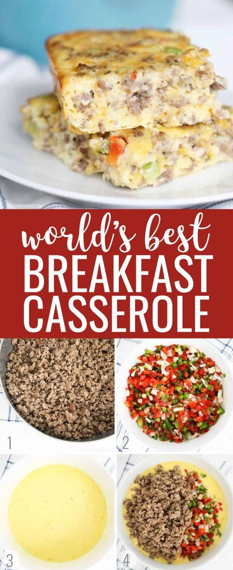 This is LITERALLY the world's best breakfast casserole! This easy casserole is filled with sausage, cheese, eggs, veggies and everything good! Breakfast Casserole No Cheese, Breakfast Casserole No Bread, Breakfast Casserole Without Bread, Breakfast Casserole With Veggies, Sweet Casserole, The Best Breakfast Casserole, Brunch Casseroles, Veggie Breakfast Casserole, Keto Breakfast Casserole