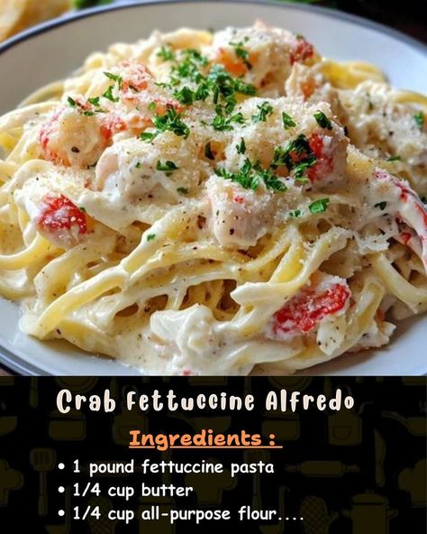 Ingredients: 1 pound fettuccine pasta ¼ cup butter ¼ cup all-purpose flour... Crab Alfredo Recipe, Crab Fettuccine Alfredo, Alfredo Recipe Easy, Crab Fettuccine, Crab Alfredo, Holiday Casseroles, Creamy Alfredo Sauce, Whats Cooking, Christmas Recipes Easy