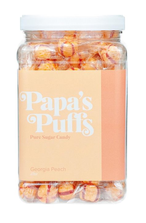 Amazon.com : Papa's Puffs Georgia Peach Flavored Pure Sugar Candy - Individually Wrapped in Resealable Tub -- Fat-Free, Gluten-Free, Cholesterol-Free - Manufactured in the USA : Grocery & Gourmet Food Gluten Free Brands, Butter Mints, Cotton Candy Flavoring, Wrapped Candy, Peach Party, Meat Snacks, Candy Brands, Sugar Candy, Snack Foods