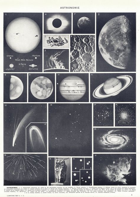 Double-sided vintage black and white astronomy print. It shows on one side illustrations of the solar system's planets and the starry night sky and on the reverse photographs of famous observatories and telescopes.  This vintage astronomy poster comes from a 1936 French Larousse dictionary and illustrated the "astronomie" article, which of course means Astronomy in French. This lovely astronomy print would make a perfect astronomy gift for a great astronomy decor. 𝗦𝗜𝗭𝗘 : page approx. 23.4 x Space Poster Vintage, Space Themed Cover Page, Poster Print Black And White, In The Corner, Astronomy Telescope Aesthetic, Decor Black And White, Astronomy Vintage, Space Wall Prints, Dorm Decor Posters